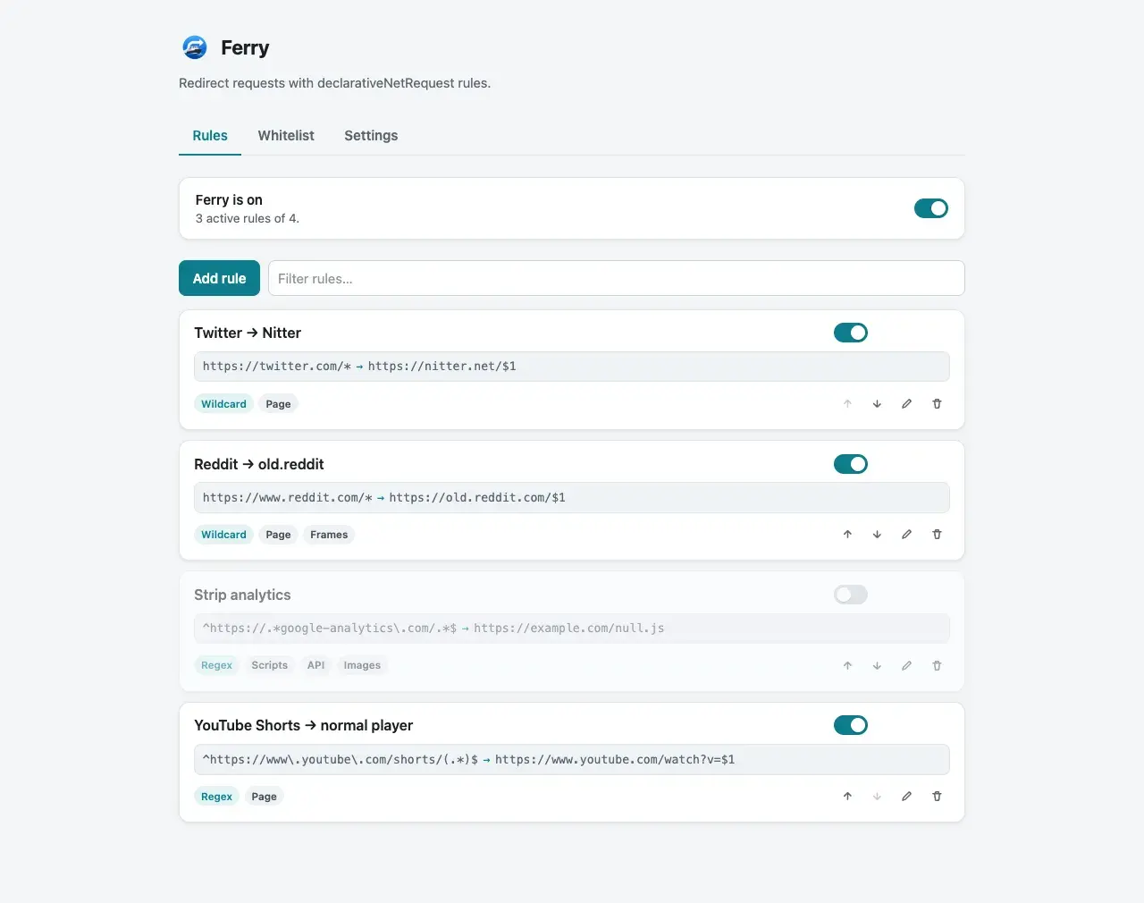Ferry options page with redirect rules
